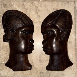 Vintage Wooden Carved African Man & Woman Wall Hanging Sculptures, Set of 2
